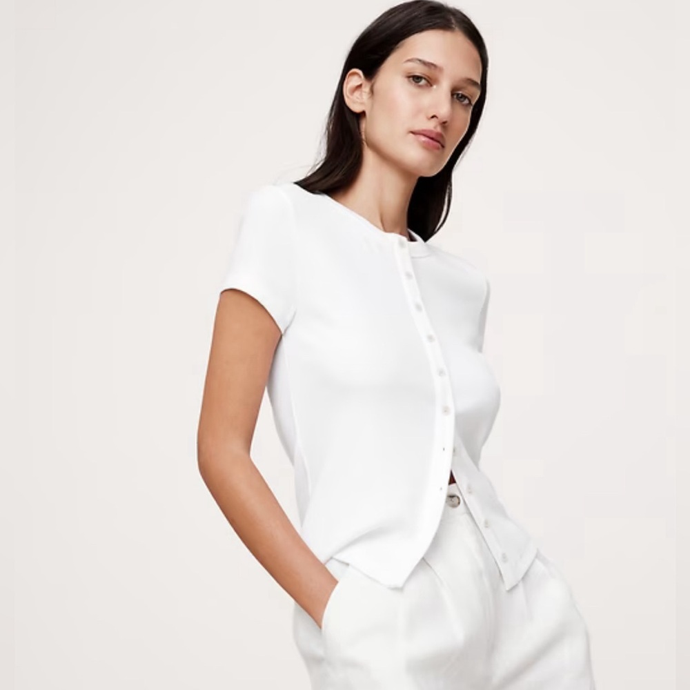 BANANA REPUBLIC WOMEN’S RIBBED SHORT-SLEEVE BUTTON-DOWN TOP